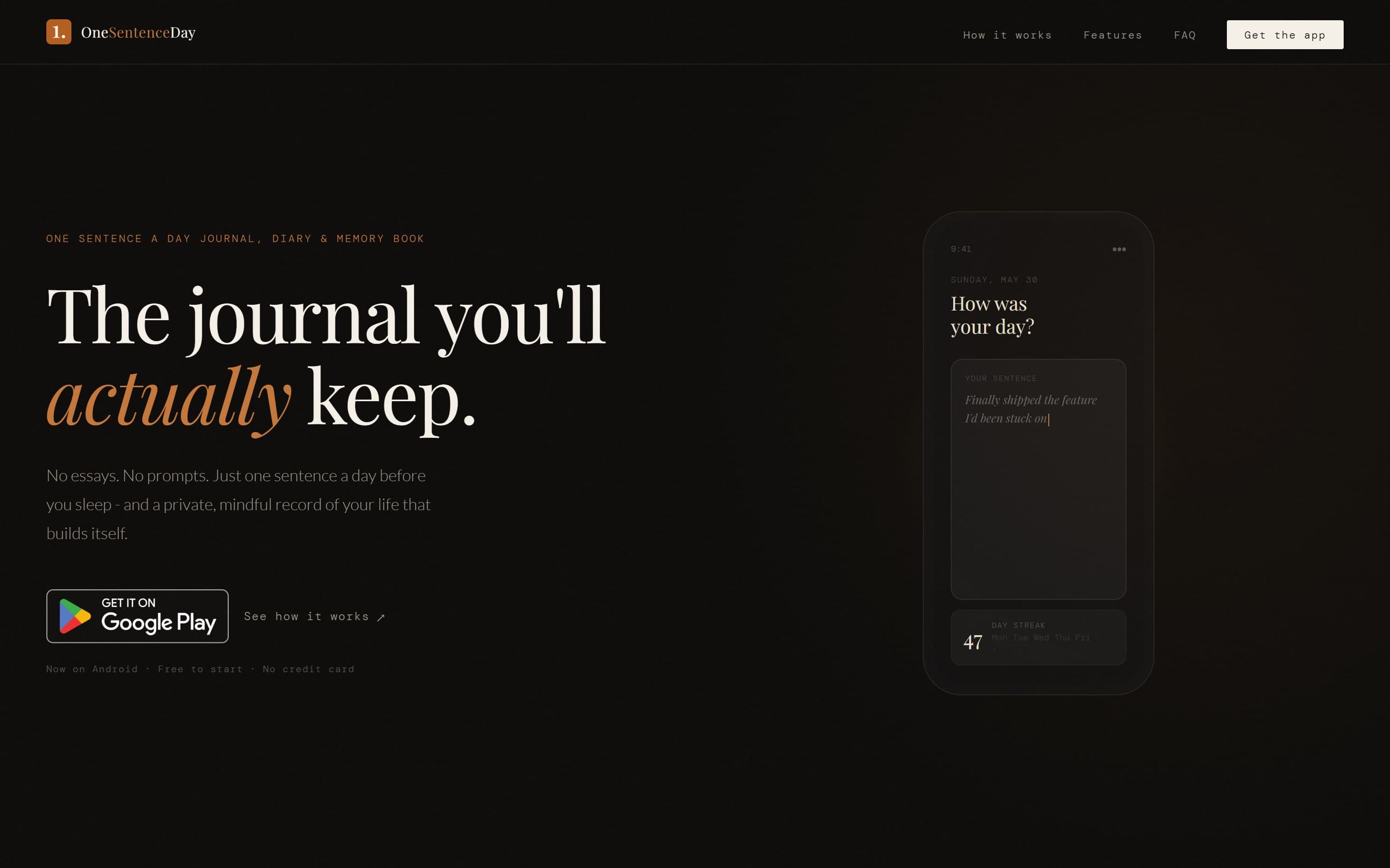 OneSentenceDay landing page: “The journal you'll actually keep”